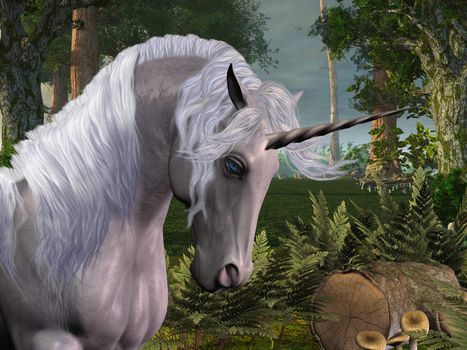 A beautiful stag unicorn passes through a magical forest.