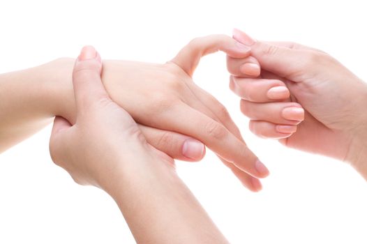 female palm and fingers massage, isolated on white