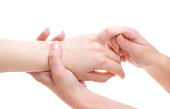 female palm and fingers massage, high key, isolated on white