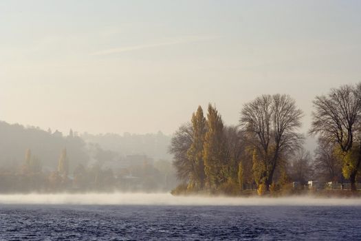 Shot of the morning film of mist above river