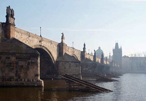 Charles bridge - oldest preserved Prague bridge, founded by Charles IV in 1357. It was built after the Petr Parler´s design in the High Gothic style. Its construction finished in 1402. The length is 515 m, the width 10 m. Prague, Czech republic, Europe.