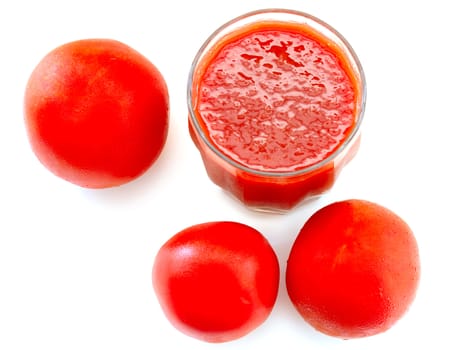 Fresh tomato juice and tomatoes on isolated background.