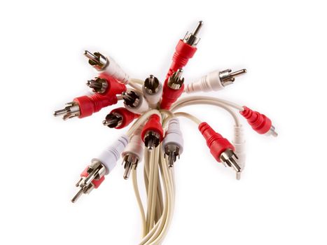 Red and white video cables in isolated white background