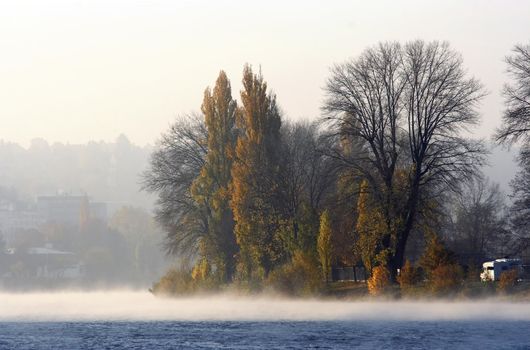 Shot of the morning film of mist above river