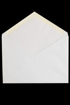 front view of white open envelop on black background