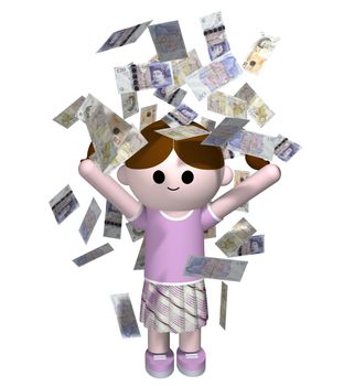 3D illustration of a girl being showered in money