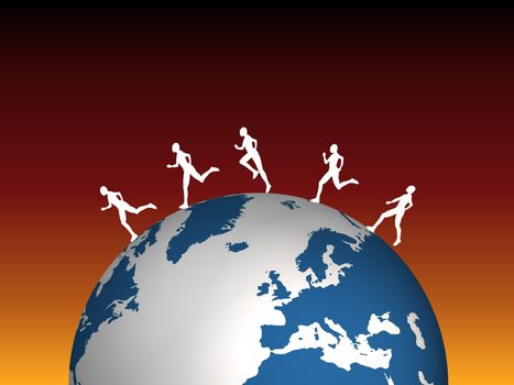 Illustration of five people running across the earth
