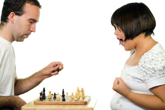 A young girl winning a chess game, isolated against a white background