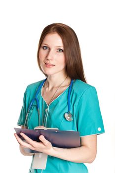 Young female medic in the green uniform