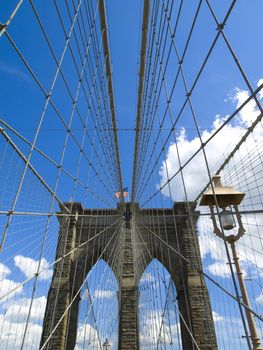 A view of the Brooklyn bridge with a blue sky on the background.