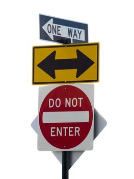 Three street signs over a white background.