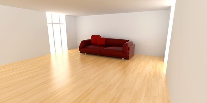 3D rendered Interior. A Sofa in a empty room.