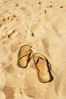 pair of golden slippers left in the sand 