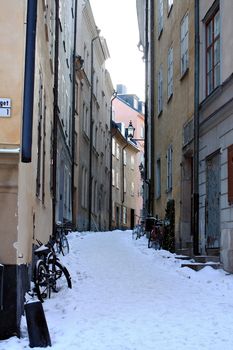 Narrow street of Stockholm, Sweden. Winter morning