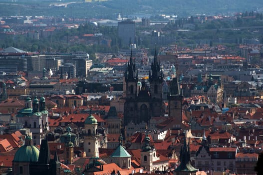 Historical core of the Prague. Two landmarks of Old Town: Old Town Hall and Church of Our Lady in Front Tyn. 
Prague - town of a hundred spires.
Prague, Czech republic, Europe.