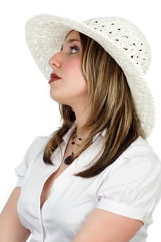 portrait of a woman wearing white hat, isolated on white