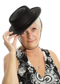 mature white hair woman with black hat