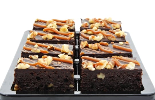 brownies on plastic tray, isolated on white