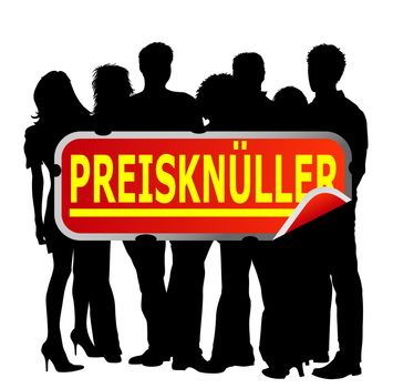 People with german marketing sign - preisknueller