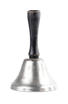 old metallic bell with black handle, isolated on white