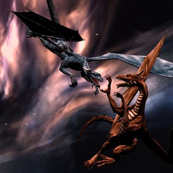 3D rendered fighting dragons on the sky