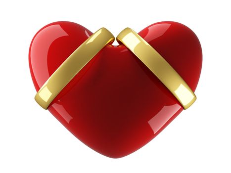 Heart with wedding rings on a white background. 3D image.