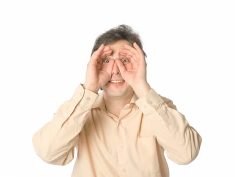 A man staring at something, studio shot, over white