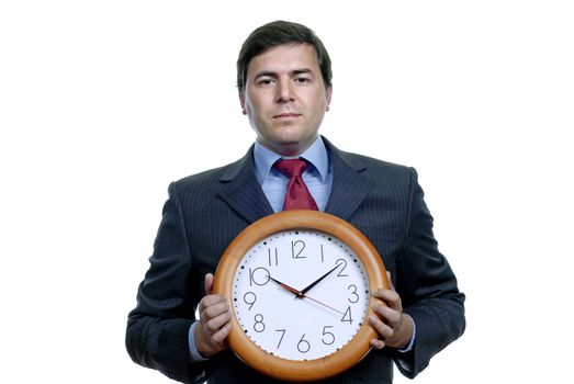 young handsome business man holding a clock