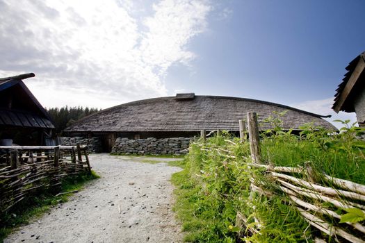 An old norwegian viking farm with a long house