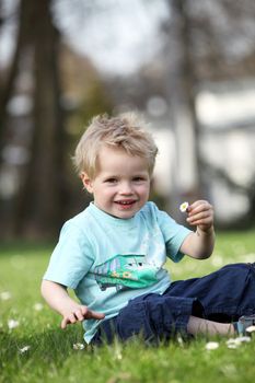 Small, happy blond boy sitting on a green meadow and laughs