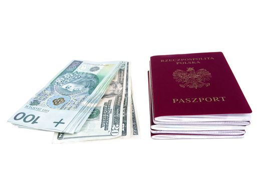 Money and passports isolated on white background