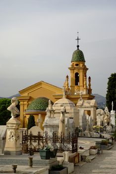 Neo-classical tombstones and graveyardchapel in southern France.