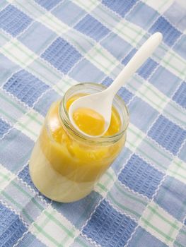 Close-up of baby food isolated on white background