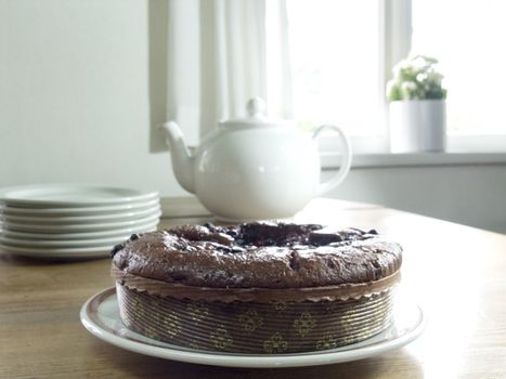 close-up of chocolate cake with berries