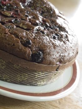 close-up of chocolate cake with berries