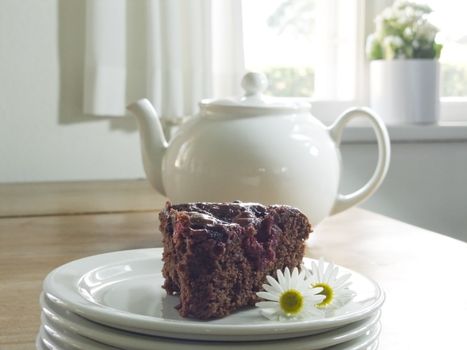 close-up of chocolate cake with berries