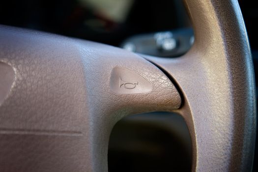 A car horn on a steering wheel