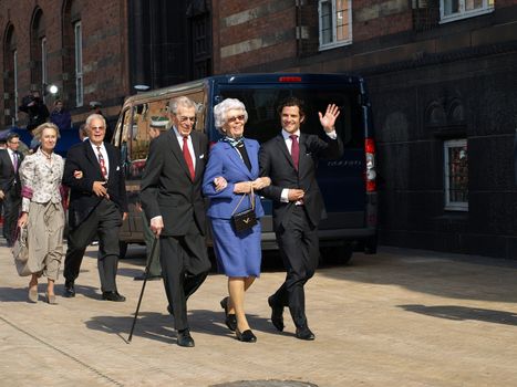 COPENHAGEN-APR 16: Denmark's Queen Margrethe celebrates her 70th birthday with other European Royals. The Queen rides an open carriage escorted by Hussars to Copenhagen City Hall on April 16, 2010.