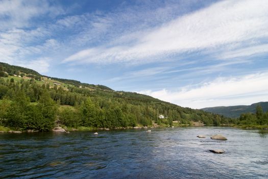 A landscape view of a river through the mountains