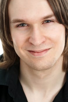 closeup portrait of young man, smiling, isolated on white