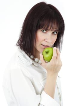 woman holding a green apple, white background