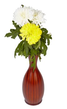 Flowers in a wooden vase on a white background