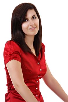 portrait of young woman with red shirt, isolated on white