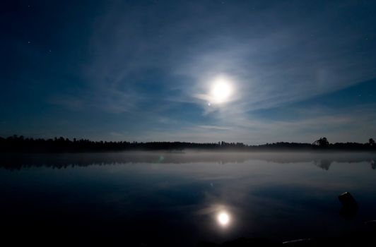 A landscape of a lake at night with the moon