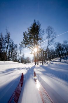 Motion action shot of cross country skiing.