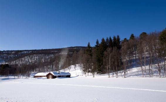 A cabin in the mountains on a winter landscape