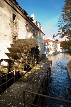 Water mill detail in the old town area of Prague, Czech Republic.