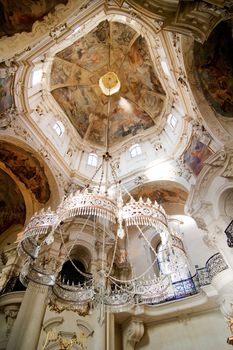 Rococo church ceiling, chandelier and fresco