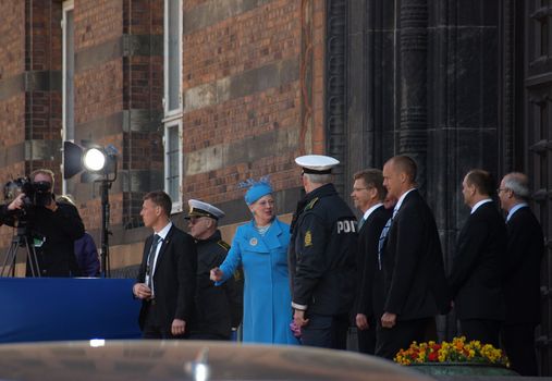 COPENHAGEN - APR 16: Denmark's Queen Margrethe celebrates her 70th birthday with other European Royals. The Queen rides an open carriage escorted by Hussars to Copenhagen City Hall on April 16, 2010.