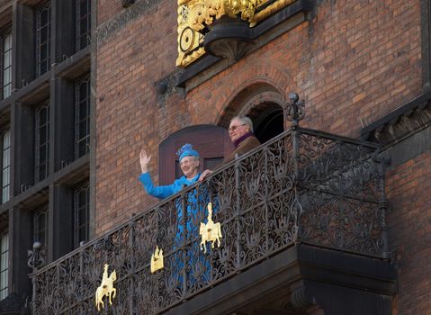 COPENHAGEN - APR 16: Denmark's Queen Margrethe celebrates her 70th birthday with other European Royals. The Queen rides an open carriage escorted by Hussars to Copenhagen City Hall on April 16, 2010.